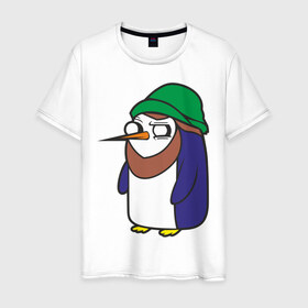 Мужская футболка хлопок с принтом Пингвин в шапке в Санкт-Петербурге, 100% хлопок | прямой крой, круглый вырез горловины, длина до линии бедер, слегка спущенное плечо. | Тематика изображения на принте: борода | пингвин