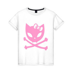 Женская футболка хлопок с принтом Плохая киска в Санкт-Петербурге, 100% хлопок | прямой крой, круглый вырез горловины, длина до линии бедер, слегка спущенное плечо | бант | киса | кости | кошка | череп