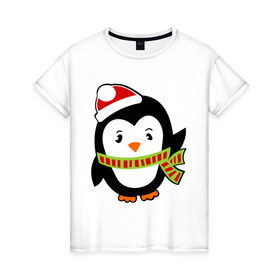 Женская футболка хлопок с принтом Зимний пингвинчик в Санкт-Петербурге, 100% хлопок | прямой крой, круглый вырез горловины, длина до линии бедер, слегка спущенное плечо | пингвин