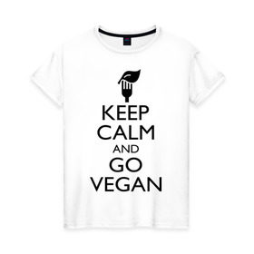 Женская футболка хлопок с принтом Keep calm and go vegan в Санкт-Петербурге, 100% хлопок | прямой крой, круглый вырез горловины, длина до линии бедер, слегка спущенное плечо | keep calm | vegan | веган | вегетарианец | сохраняй спокойствие