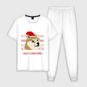 Мужская пижама хлопок с принтом Such christmas в Санкт-Петербурге, 100% хлопок | брюки и футболка прямого кроя, без карманов, на брюках мягкая резинка на поясе и по низу штанин
 | Тематика изображения на принте: 2015 | such christmas | новый год | праздник | собака | шапка