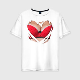 Женская футболка хлопок Oversize с принтом Красный бюст в Санкт-Петербурге, 100% хлопок | свободный крой, круглый ворот, спущенный рукав, длина до линии бедер
 | 2015 | бюст | бюстгальтер | костюм | красный бюст | лифон | лифчик | новый год | праздник