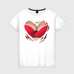 Женская футболка хлопок с принтом Красный бюст в Санкт-Петербурге, 100% хлопок | прямой крой, круглый вырез горловины, длина до линии бедер, слегка спущенное плечо | 2015 | бюст | бюстгальтер | костюм | красный бюст | лифон | лифчик | новый год | праздник