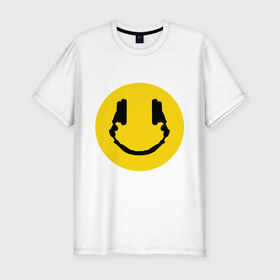 Мужская футболка премиум с принтом Smile Music в Санкт-Петербурге, 92% хлопок, 8% лайкра | приталенный силуэт, круглый вырез ворота, длина до линии бедра, короткий рукав | Тематика изображения на принте: music | smile | смайл наушники