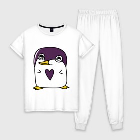 Женская пижама хлопок с принтом Нарисованный пингвин в Санкт-Петербурге, 100% хлопок | брюки и футболка прямого кроя, без карманов, на брюках мягкая резинка на поясе и по низу штанин | пингвин