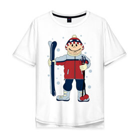 Мужская футболка хлопок Oversize с принтом Лыжник в Санкт-Петербурге, 100% хлопок | свободный крой, круглый ворот, “спинка” длиннее передней части | Тематика изображения на принте: лыжи | лыжник | палки | снег | снежинки | спорт