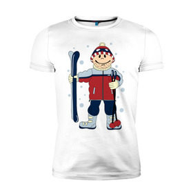 Мужская футболка премиум с принтом Лыжник в Санкт-Петербурге, 92% хлопок, 8% лайкра | приталенный силуэт, круглый вырез ворота, длина до линии бедра, короткий рукав | лыжи | лыжник | палки | снег | снежинки | спорт