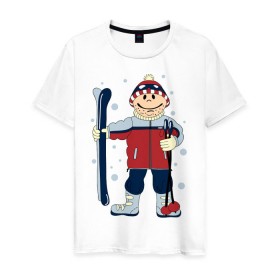 Мужская футболка хлопок с принтом Лыжник в Санкт-Петербурге, 100% хлопок | прямой крой, круглый вырез горловины, длина до линии бедер, слегка спущенное плечо. | лыжи | лыжник | палки | снег | снежинки | спорт