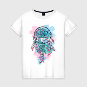 Женская футболка хлопок с принтом Ловец снов в Санкт-Петербурге, 100% хлопок | прямой крой, круглый вырез горловины, длина до линии бедер, слегка спущенное плечо | амулет | ловец снов | оберег | перо | перья | сон