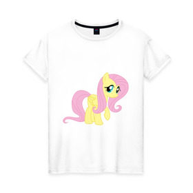 Женская футболка хлопок с принтом Пони пегас Флаттершай в Санкт-Петербурге, 100% хлопок | прямой крой, круглый вырез горловины, длина до линии бедер, слегка спущенное плечо | my little pony | пегас | пони | флаттершай