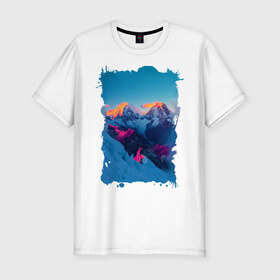 Мужская футболка премиум с принтом Снежные горы в Санкт-Петербурге, 92% хлопок, 8% лайкра | приталенный силуэт, круглый вырез ворота, длина до линии бедра, короткий рукав | пейзаж | рассвет