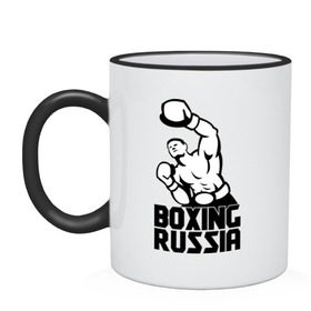 Кружка двухцветная с принтом Boxing russia в Санкт-Петербурге, керамика | объем — 330 мл, диаметр — 80 мм. Цветная ручка и кайма сверху, в некоторых цветах — вся внутренняя часть | boxing | russia | бокс | россия