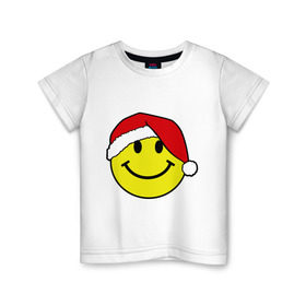 Детская футболка хлопок с принтом Новогодняя рожица в Санкт-Петербурге, 100% хлопок | круглый вырез горловины, полуприлегающий силуэт, длина до линии бедер | Тематика изображения на принте: new year | smile | новый год | смайл