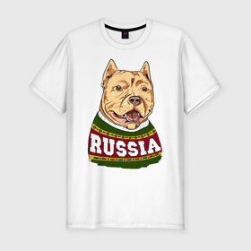 Мужская футболка премиум с принтом Собака made in Russia в Санкт-Петербурге, 92% хлопок, 8% лайкра | приталенный силуэт, круглый вырез ворота, длина до линии бедра, короткий рукав | 