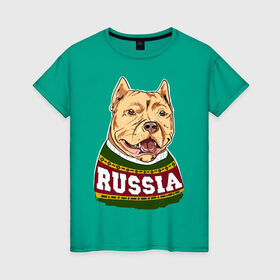 Женская футболка хлопок с принтом Собака made in Russia в Санкт-Петербурге, 100% хлопок | прямой крой, круглый вырез горловины, длина до линии бедер, слегка спущенное плечо | 