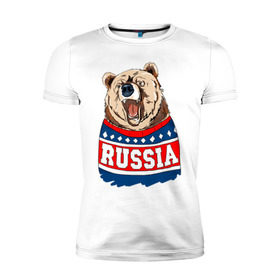 Мужская футболка премиум с принтом Медведь made in Russia в Санкт-Петербурге, 92% хлопок, 8% лайкра | приталенный силуэт, круглый вырез ворота, длина до линии бедра, короткий рукав | made in russia | mountain | russia | кофта | медведь | мишка | патриот | россия | свитер