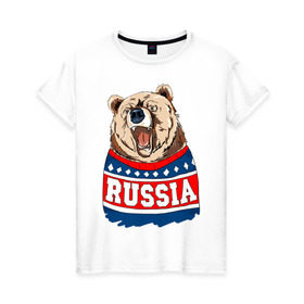 Женская футболка хлопок с принтом Медведь made in Russia в Санкт-Петербурге, 100% хлопок | прямой крой, круглый вырез горловины, длина до линии бедер, слегка спущенное плечо | made in russia | mountain | russia | кофта | медведь | мишка | патриот | россия | свитер