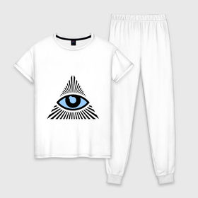 Женская пижама хлопок с принтом Всевидящее око (глаз в треугольнике) в Санкт-Петербурге, 100% хлопок | брюки и футболка прямого кроя, без карманов, на брюках мягкая резинка на поясе и по низу штанин | иллюминаты