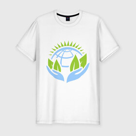 Мужская футболка премиум с принтом Планету нужно беречь в Санкт-Петербурге, 92% хлопок, 8% лайкра | приталенный силуэт, круглый вырез ворота, длина до линии бедра, короткий рукав | green peace | гринпис | забота | охрана | планета | природа