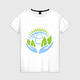 Женская футболка хлопок с принтом Планету нужно беречь в Санкт-Петербурге, 100% хлопок | прямой крой, круглый вырез горловины, длина до линии бедер, слегка спущенное плечо | green peace | гринпис | забота | охрана | планета | природа