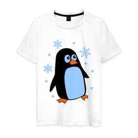 Мужская футболка хлопок с принтом Пингвин под снегом в Санкт-Петербурге, 100% хлопок | прямой крой, круглый вырез горловины, длина до линии бедер, слегка спущенное плечо. | пингвин