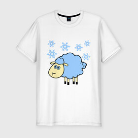 Мужская футболка премиум с принтом Овечка и снег в Санкт-Петербурге, 92% хлопок, 8% лайкра | приталенный силуэт, круглый вырез ворота, длина до линии бедра, короткий рукав | 2015 | new year | новый год | овца | снег | снежинки