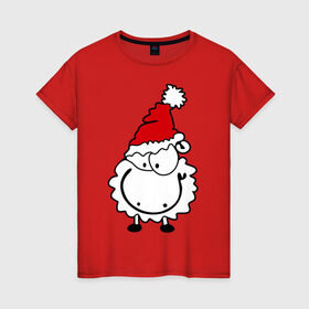 Женская футболка хлопок с принтом Счастливая овечка в Санкт-Петербурге, 100% хлопок | прямой крой, круглый вырез горловины, длина до линии бедер, слегка спущенное плечо | 2015 | new year | новый год | овечка | овца | счастье