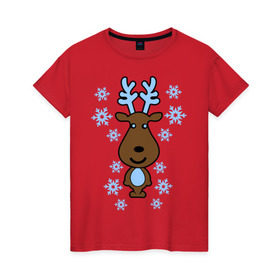 Женская футболка хлопок с принтом Милый олень и снежинки в Санкт-Петербурге, 100% хлопок | прямой крой, круглый вырез горловины, длина до линии бедер, слегка спущенное плечо | new year | новый год | олень | снег | снежинки