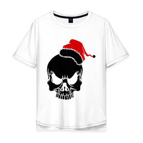 Мужская футболка хлопок Oversize с принтом Череп в новогодней шапке в Санкт-Петербурге, 100% хлопок | свободный крой, круглый ворот, “спинка” длиннее передней части | скелет