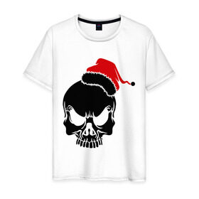 Мужская футболка хлопок с принтом Череп в новогодней шапке в Санкт-Петербурге, 100% хлопок | прямой крой, круглый вырез горловины, длина до линии бедер, слегка спущенное плечо. | скелет