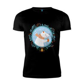 Мужская футболка премиум с принтом Белый мишка в Санкт-Петербурге, 92% хлопок, 8% лайкра | приталенный силуэт, круглый вырез ворота, длина до линии бедра, короткий рукав | белый мишка | венок | новый год | подарки | праздник | снег | снежинки | холод | шапки