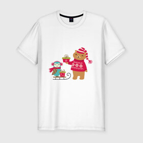 Мужская футболка премиум с принтом Медведь и сова в Санкт-Петербурге, 92% хлопок, 8% лайкра | приталенный силуэт, круглый вырез ворота, длина до линии бедра, короткий рукав | венок | медведь. сова. санки | новый год | подарки | праздник | снег | снежинки | холод | шапки