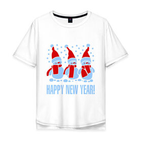 Мужская футболка хлопок Oversize с принтом Три снеговика в Санкт-Петербурге, 100% хлопок | свободный крой, круглый ворот, “спинка” длиннее передней части | Тематика изображения на принте: new year | зима | новый год | снег | снеговик | трое