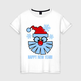Женская футболка хлопок с принтом Санта Клаус и снежинки в Санкт-Петербурге, 100% хлопок | прямой крой, круглый вырез горловины, длина до линии бедер, слегка спущенное плечо | new year | дед мороз | зима | новый год | санта | санта клаус | снег