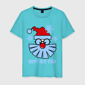 Мужская футболка хлопок с принтом Санта Клаус и снежинки в Санкт-Петербурге, 100% хлопок | прямой крой, круглый вырез горловины, длина до линии бедер, слегка спущенное плечо. | new year | дед мороз | зима | новый год | санта | санта клаус | снег
