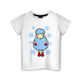 Детская футболка хлопок с принтом Барашек и снежинки в Санкт-Петербурге, 100% хлопок | круглый вырез горловины, полуприлегающий силуэт, длина до линии бедер | барашек | зима | новый год | овечка | овца | снег | снежинки