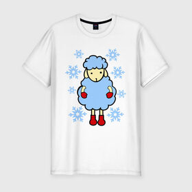 Мужская футболка премиум с принтом Барашек и снежинки в Санкт-Петербурге, 92% хлопок, 8% лайкра | приталенный силуэт, круглый вырез ворота, длина до линии бедра, короткий рукав | барашек | зима | новый год | овечка | овца | снег | снежинки