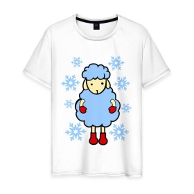 Мужская футболка хлопок с принтом Барашек и снежинки в Санкт-Петербурге, 100% хлопок | прямой крой, круглый вырез горловины, длина до линии бедер, слегка спущенное плечо. | Тематика изображения на принте: барашек | зима | новый год | овечка | овца | снег | снежинки