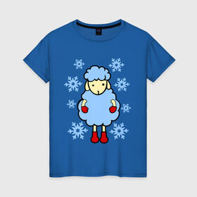 Женская футболка хлопок с принтом Барашек и снежинки в Санкт-Петербурге, 100% хлопок | прямой крой, круглый вырез горловины, длина до линии бедер, слегка спущенное плечо | барашек | зима | новый год | овечка | овца | снег | снежинки