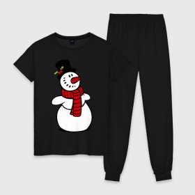 Женская пижама хлопок с принтом Весёлый снеговик в Санкт-Петербурге, 100% хлопок | брюки и футболка прямого кроя, без карманов, на брюках мягкая резинка на поясе и по низу штанин | new year | новый год | рождество | снеговик