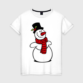 Женская футболка хлопок с принтом Весёлый снеговик в Санкт-Петербурге, 100% хлопок | прямой крой, круглый вырез горловины, длина до линии бедер, слегка спущенное плечо | new year | новый год | рождество | снеговик