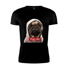 Мужская футболка премиум с принтом Pug life в Санкт-Петербурге, 92% хлопок, 8% лайкра | приталенный силуэт, круглый вырез ворота, длина до линии бедра, короткий рукав | pug life | жизнь | капюшон | мопс | собака