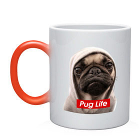 Кружка хамелеон с принтом Pug life в Санкт-Петербурге, керамика | меняет цвет при нагревании, емкость 330 мл | pug life | жизнь | капюшон | мопс | собака