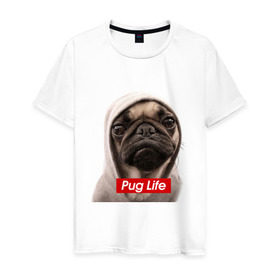 Мужская футболка хлопок с принтом Pug life в Санкт-Петербурге, 100% хлопок | прямой крой, круглый вырез горловины, длина до линии бедер, слегка спущенное плечо. | Тематика изображения на принте: pug life | жизнь | капюшон | мопс | собака