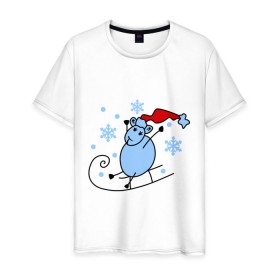 Мужская футболка хлопок с принтом Овечка на санках в Санкт-Петербурге, 100% хлопок | прямой крой, круглый вырез горловины, длина до линии бедер, слегка спущенное плечо. | зима | новый год | овечка | овца | сани | снег