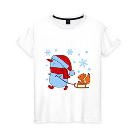 Женская футболка хлопок с принтом Снеговик с санками в Санкт-Петербурге, 100% хлопок | прямой крой, круглый вырез горловины, длина до линии бедер, слегка спущенное плечо | new year | белка | новый год | сани | снеговик