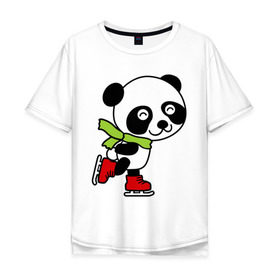 Мужская футболка хлопок Oversize с принтом Панда на коньках в Санкт-Петербурге, 100% хлопок | свободный крой, круглый ворот, “спинка” длиннее передней части | Тематика изображения на принте: панда