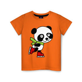 Детская футболка хлопок с принтом Панда на коньках в Санкт-Петербурге, 100% хлопок | круглый вырез горловины, полуприлегающий силуэт, длина до линии бедер | панда