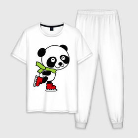 Мужская пижама хлопок с принтом Панда на коньках в Санкт-Петербурге, 100% хлопок | брюки и футболка прямого кроя, без карманов, на брюках мягкая резинка на поясе и по низу штанин
 | Тематика изображения на принте: панда