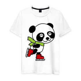 Мужская футболка хлопок с принтом Панда на коньках в Санкт-Петербурге, 100% хлопок | прямой крой, круглый вырез горловины, длина до линии бедер, слегка спущенное плечо. | панда